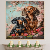 Charming Dachshund Couple with Flowers and Hearts Romantic Dog Artwork for Pet Lovers and Elegant Home Decor on Ready to Hang 1.5" Thick Canvas Wrap, Floating Framed Canvas, Flat Rolled Canvas
